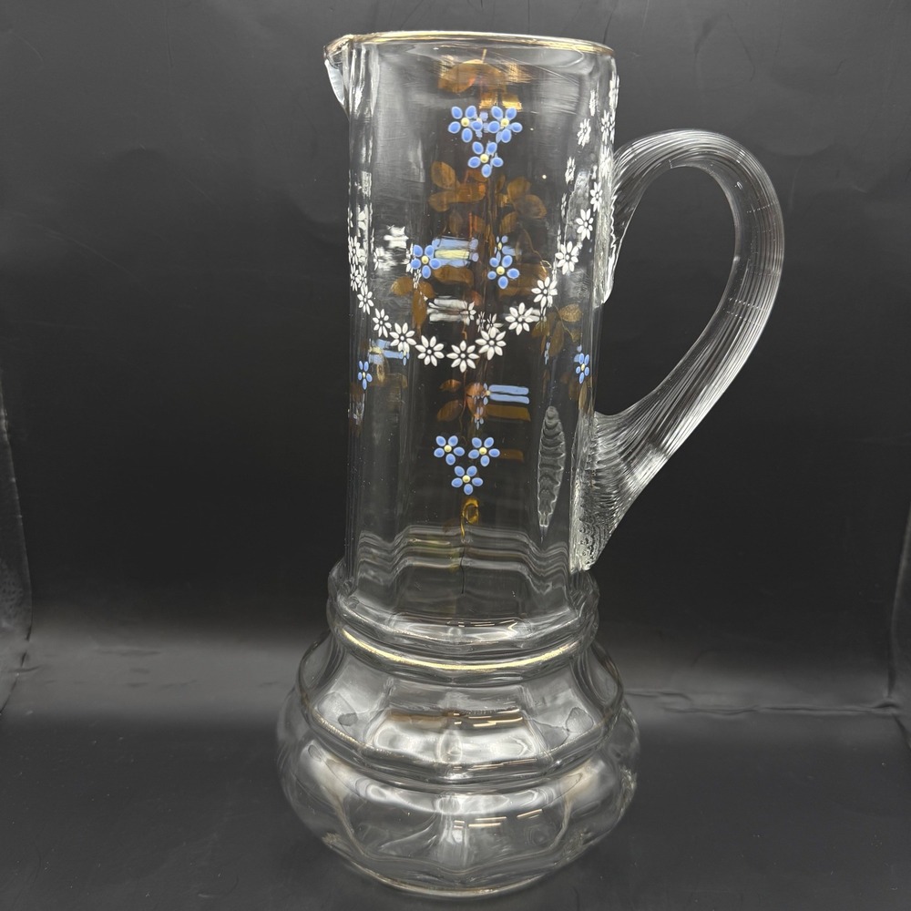 Antique Victorian Bohemian Enameled Glass Claret Pitcher Blue Floral Gilt 11 in‎